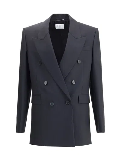 Saint Laurent Double-breasted Jacket In Wool In Blue