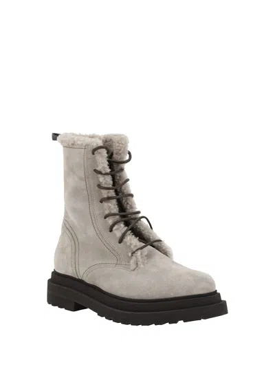 Brunello Cucinelli Suede Boot With Shearling Lining And Shiny Loop Detail In Gray