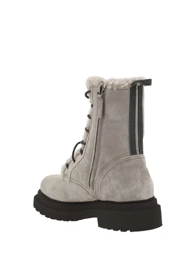 Brunello Cucinelli Suede Boot With Shearling Lining And Shiny Loop Detail In Gray