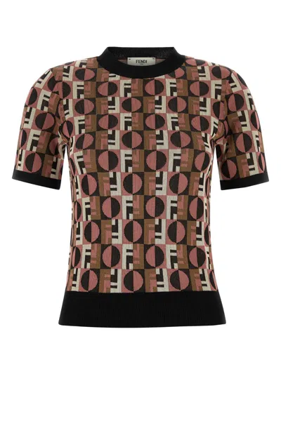 Fendi Women Embroidered Stretch Viscose Blend Sweater In Brown