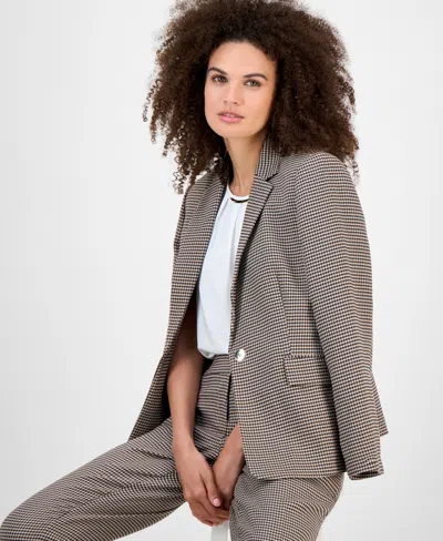 Kasper Houndstooth Single-button-front Jacket, Regular & Petite In Brown