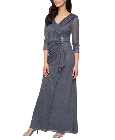 Alex Evenings Women's Glitter Mesh Long V-neck Gown In Gray