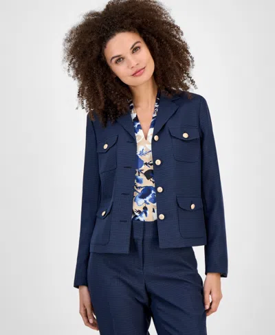 Kasper Mini-check-print Button-front Jacket, Regular & Petite In Blue