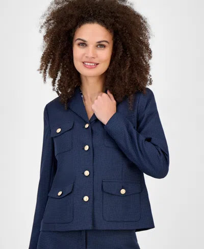 Kasper Mini-check-print Button-front Jacket, Regular & Petite In Blue