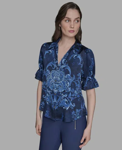 Karl Lagerfeld Petite Printed Puff-sleeve Button-front Shirt In Blue