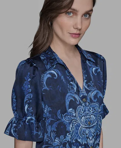 Karl Lagerfeld Petite Printed Puff-sleeve Button-front Shirt In Blue