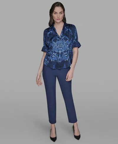 Karl Lagerfeld Petite Printed Puff-sleeve Button-front Shirt In Blue