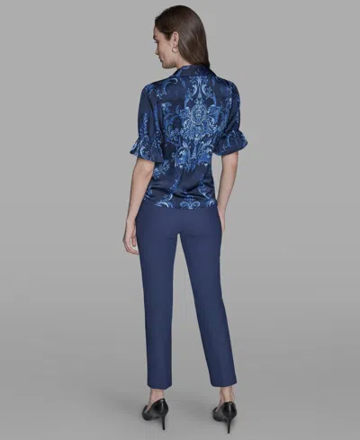 Karl Lagerfeld Petite Printed Puff-sleeve Button-front Shirt In Blue