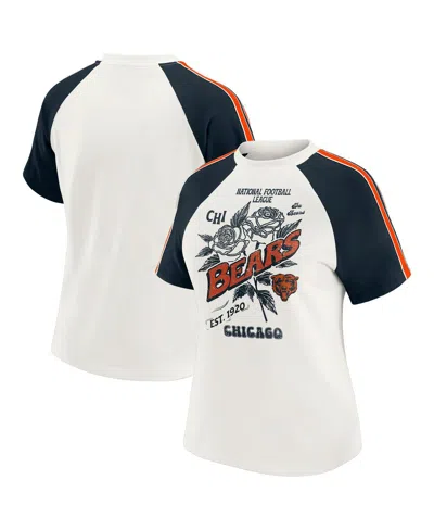 Wear By Erin Andrews Women's White Chicago Bears Sleeve Stripe Distressed Raglan T-shirt In White