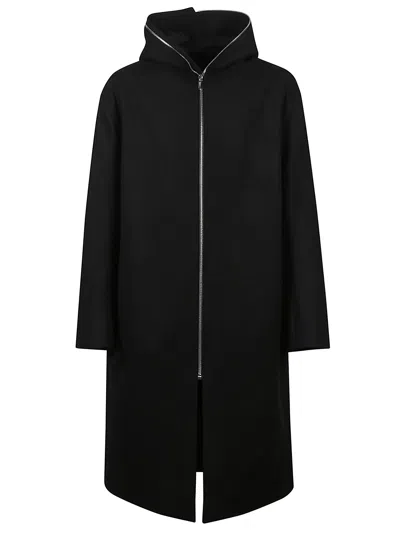 Rick Owens Men Black Coat With Fixed Hood And Rear Single Vent In Wool Man In Black