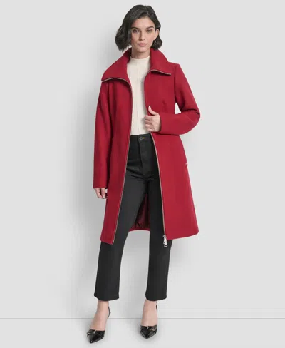 Dkny Petite Belted Zip Front Coat In Red