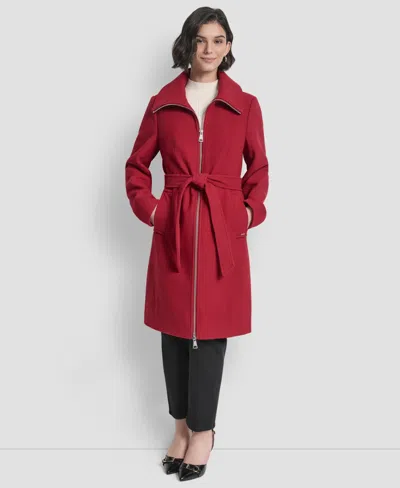 Dkny Petite Belted Zip Front Coat In Red