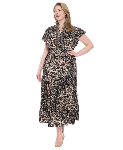 London Times Plus Size Slit Neck Print Maxi Dress In Black