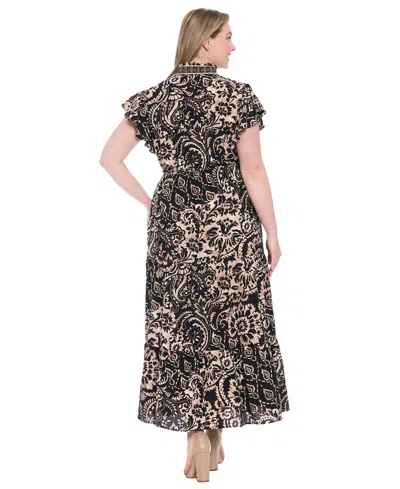London Times Plus Size Slit Neck Print Maxi Dress In Black