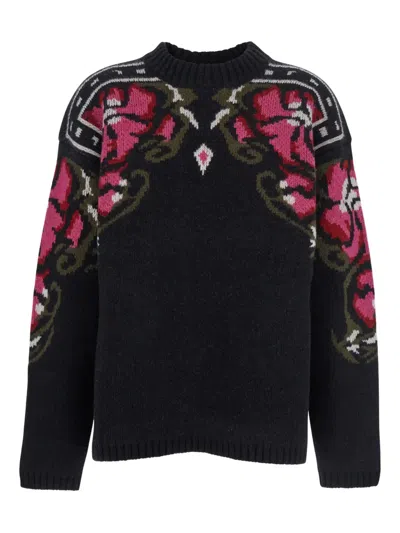 Seafarer Black Crew Neck Sweater With Floral Motif In Wool Woman In Black