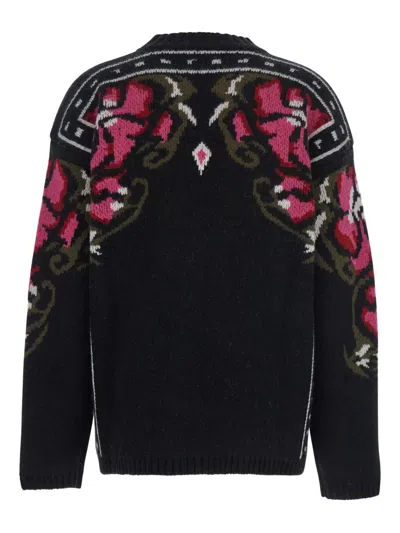 Seafarer Black Crew Neck Sweater With Floral Motif In Wool Woman In Black