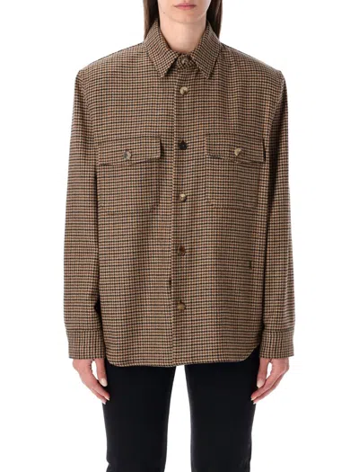 Saint Laurent Long Sleeve Checkered Overshirt Chest Pockets In Brown