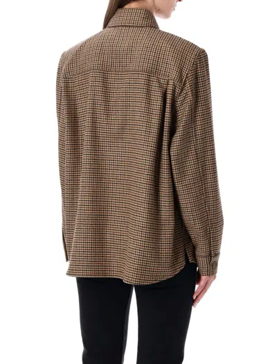 Saint Laurent Long Sleeve Checkered Overshirt Chest Pockets In Brown