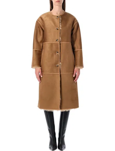 Urbancode Beige Shearling Coat With Round Neck And Front Closure In Faux Fur Woman In Brown