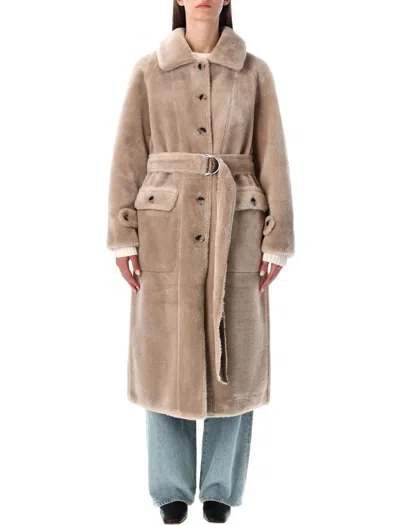 Urbancode Beige Shearling Coat With Classic Collar And Waist Belt In Faux Fur Woman In Brown