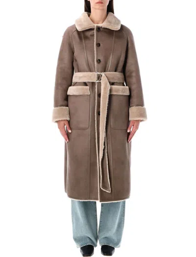 Urbancode Beige Shearling Coat With Classic Collar And Waist Belt In Faux Fur Woman In Brown