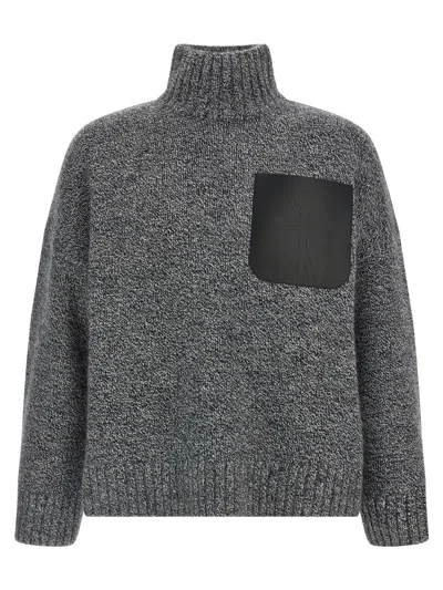Jw Anderson Grey Sweater With High Neck And One Front Patch Leather Pocket In Wool Blend Man In Gray