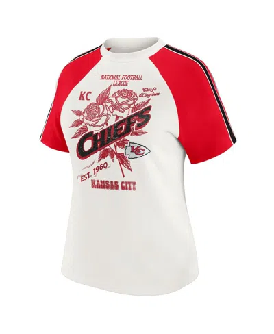 Wear By Erin Andrews Women's White Kansas City Chiefs Sleeve Stripe Distressed Raglan T-shirt In White