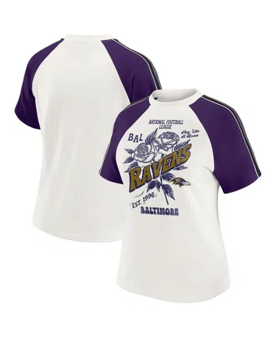 Wear By Erin Andrews White Baltimore Ravens Sleeve Stripe Distressed Raglan T-shirt In Multi