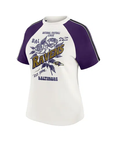 Wear By Erin Andrews White Baltimore Ravens Sleeve Stripe Distressed Raglan T-shirt In Multi