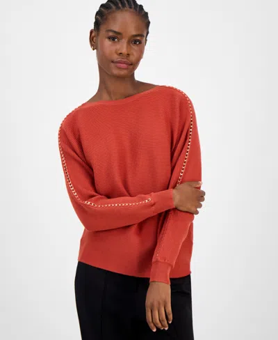 T Tahari Long Dolman Sleeve Boat Neck Sweater In Red