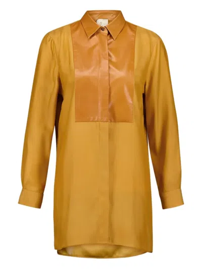 Paula Cosmos Leather-bib Silk Shirt In Orange
