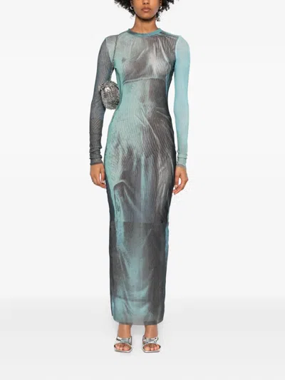 Jean Paul Gaultier "water" Mesh Long Dress In Blue