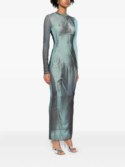Jean Paul Gaultier "water" Mesh Long Dress In Blue