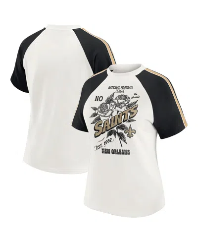 Wear By Erin Andrews Women's White New Orleans Saints Sleeve Stripe Distressed Raglan T-shirt In White