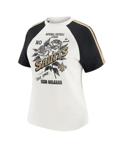 Wear By Erin Andrews Women's White New Orleans Saints Sleeve Stripe Distressed Raglan T-shirt In White