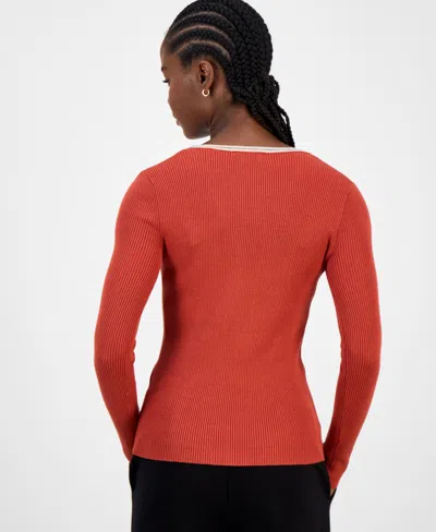 T Tahari Contrast Stripe Rib Sweater In Red
