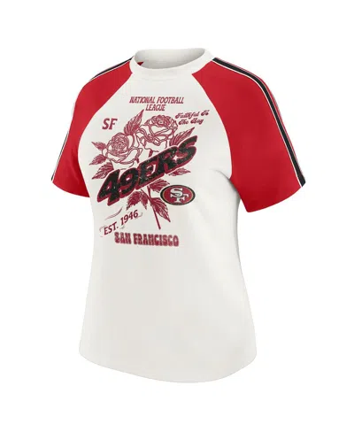 Wear By Erin Andrews Women's White San Francisco 49ers Sleeve Stripe Distressed Raglan T-shirt In White