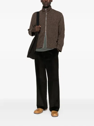 Our Legacy Textured Fabric Long Sleeve High Collar Cardigan In Brown