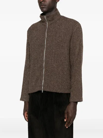 Our Legacy Textured Fabric Long Sleeve High Collar Cardigan In Brown