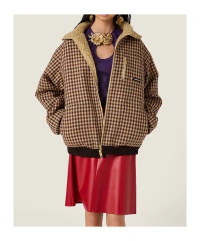 Miu Miu Fleece-lined Checked Blouson Jacket In Brown