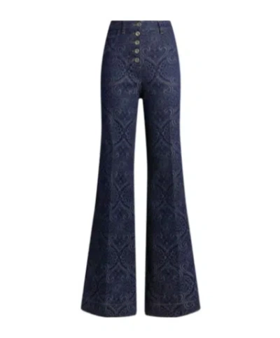 Etro Flared Jacquard Denim Jeans With Pegaso Buttons In Blue