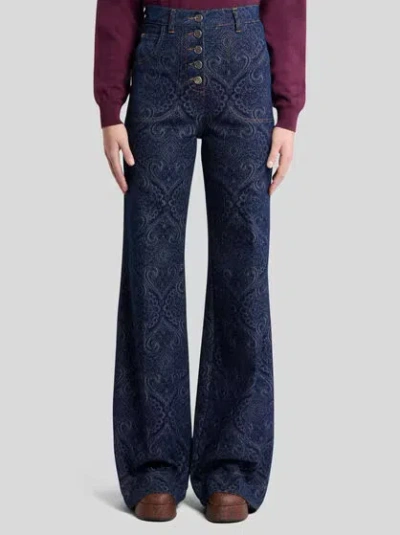 Etro Flared Jacquard Denim Jeans With Pegaso Buttons In Blue