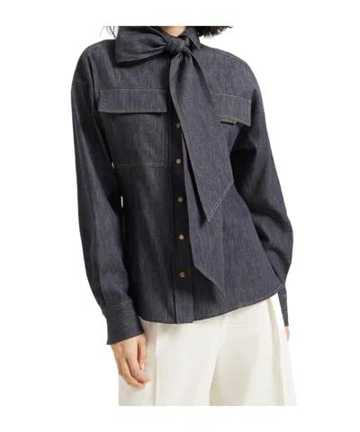 Brunello Cucinelli Lightweight Denim Shirt With Removable Bow In Blue