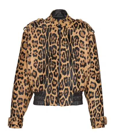 Balmain Ponyskin-style Leather Bomber Jacket With Leopard Pattern In Brown
