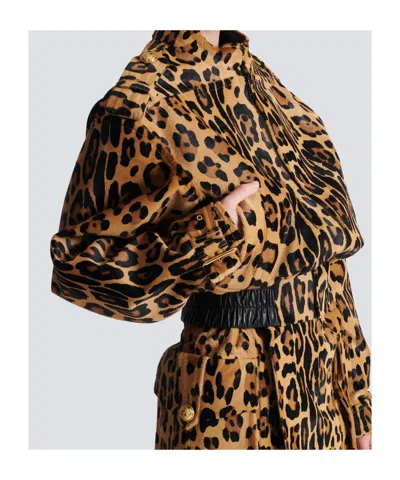 Balmain Ponyskin-style Leather Bomber Jacket With Leopard Pattern In Brown