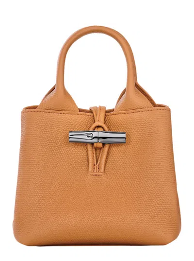 Longchamp Le Roseau Beige Handbag With Toggle Closure In Grained Leather In Brown