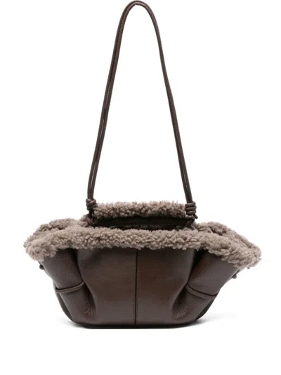 Hereu Mini Leather Handbag Shearling Trim In Brown