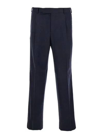 Pt Torino Tailored Wool Trousers With Pleats And Belt Loops In Blue