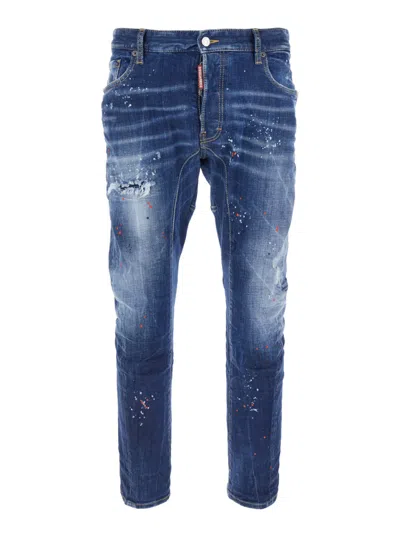Dsquared2 Tidy Biker Blue Jeans With Paint Embellishments And Logo Patch On The Rear In Denim Man In Multi