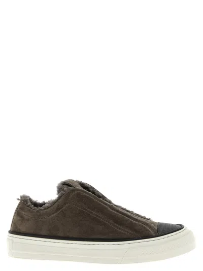 Brunello Cucinelli Luxe Suede Round Toe Sneakers In Brown